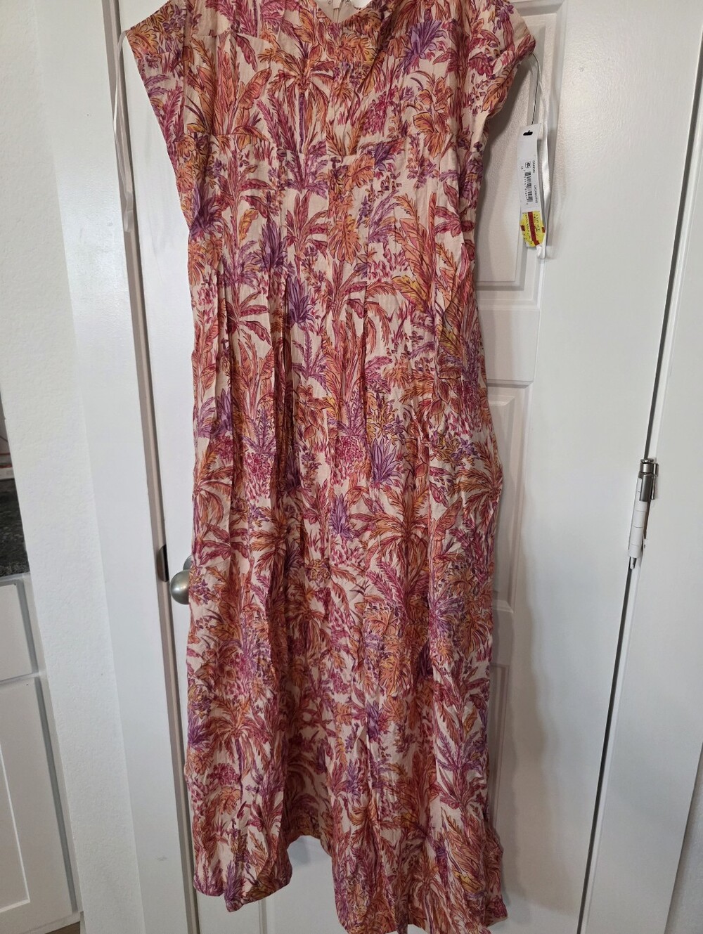 NWT Maggy London Tropical Print Midi Dress Size 14 Pink Palm Fit & Flare Sundres - Picture 5 of 12
